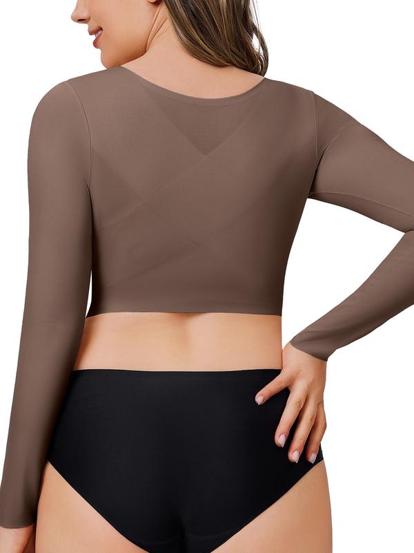 Women's Plain Sexy Criss Cross Open Bust Shapewear Crop Tee, Adjustable Hooks Push Up Chest Long Sleeve Shaper Top, Ladies Body Shapewear for All Seasons